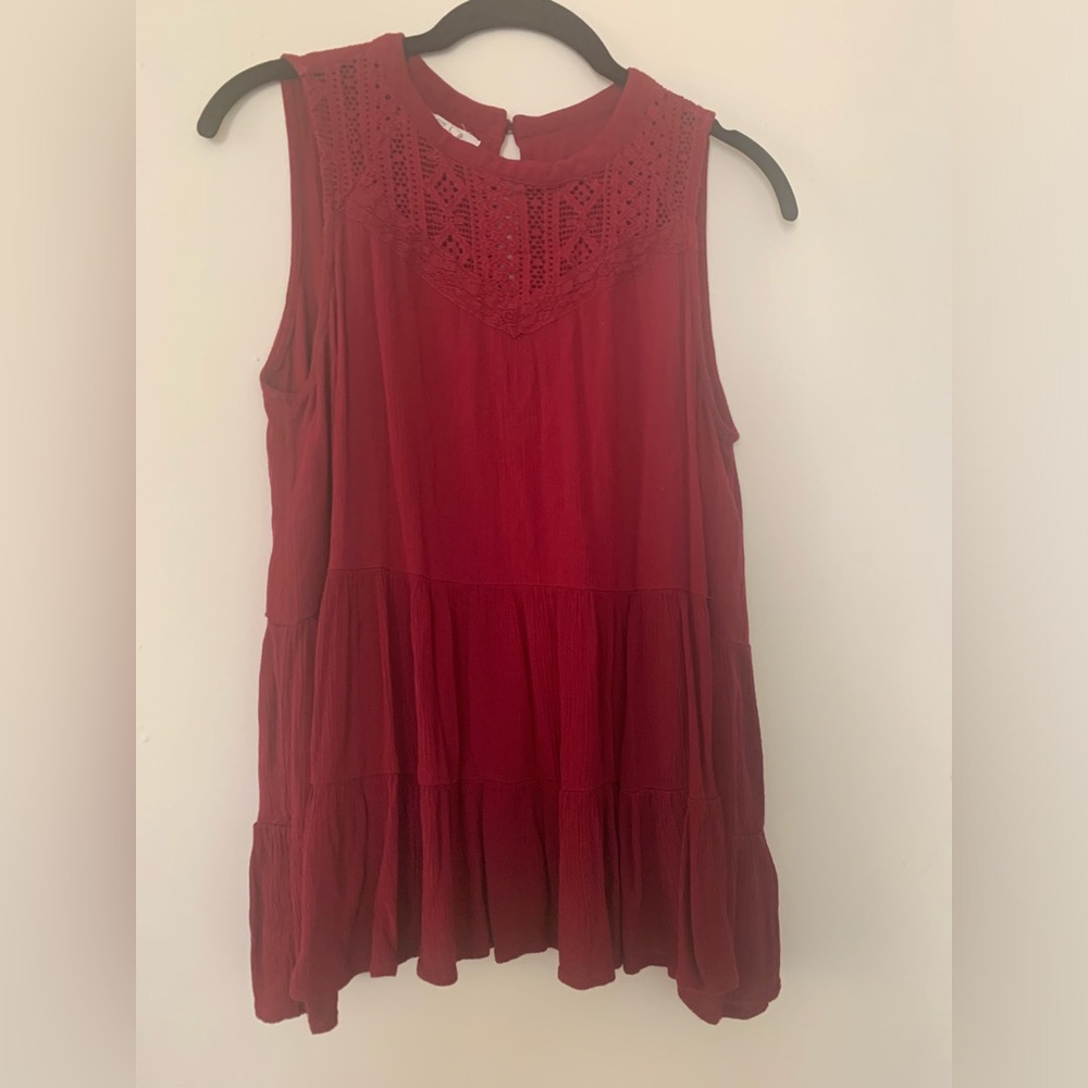 Maurices Flowy Rayon Red Lace Detail Tank Top Scoop Neck Detail